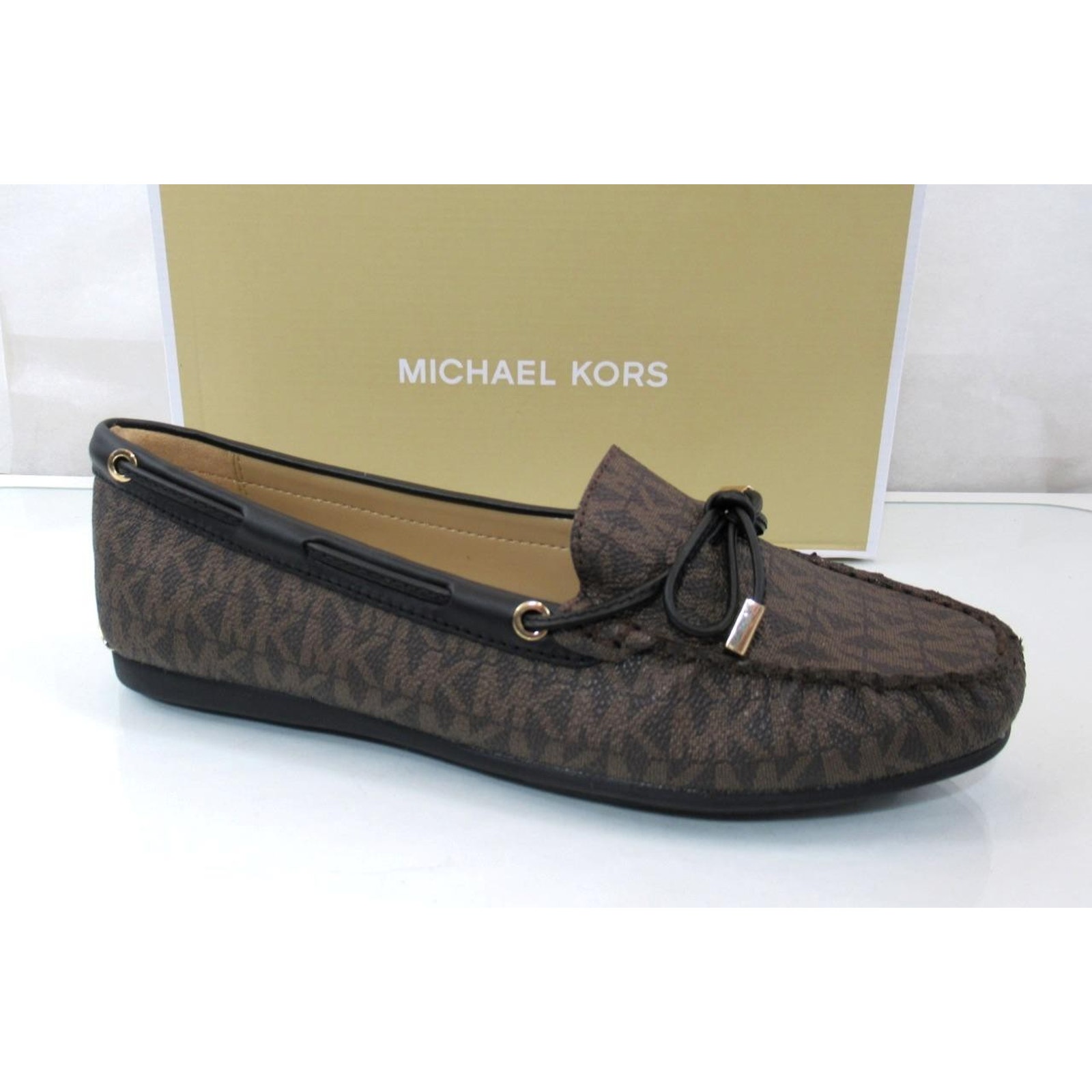 Michael Kors Sutton Moccasin Driver Flat Shoes Mk Signature Brown/Black